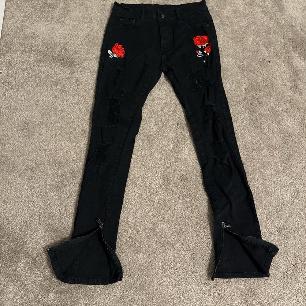 Black Jeans with Red Rose Embroidery